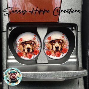 Car Coasters Golden Retriever Dog Hat Anthropomorphic Flowers Set of 2 Neoprene